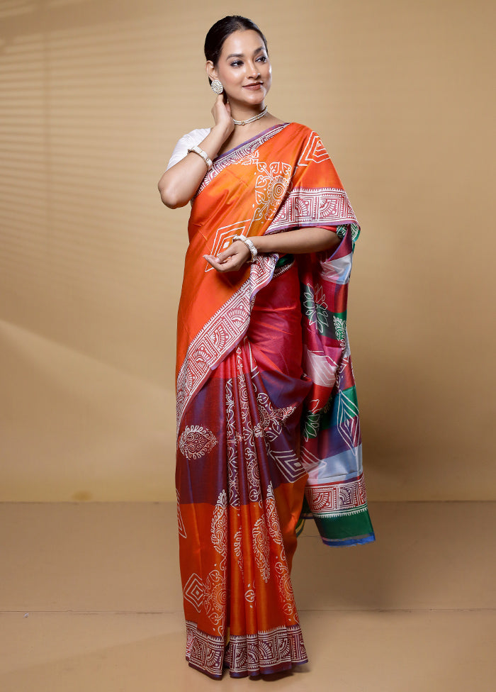 Orange Pure Bishnupuri Silk Saree Without Blouse Piece