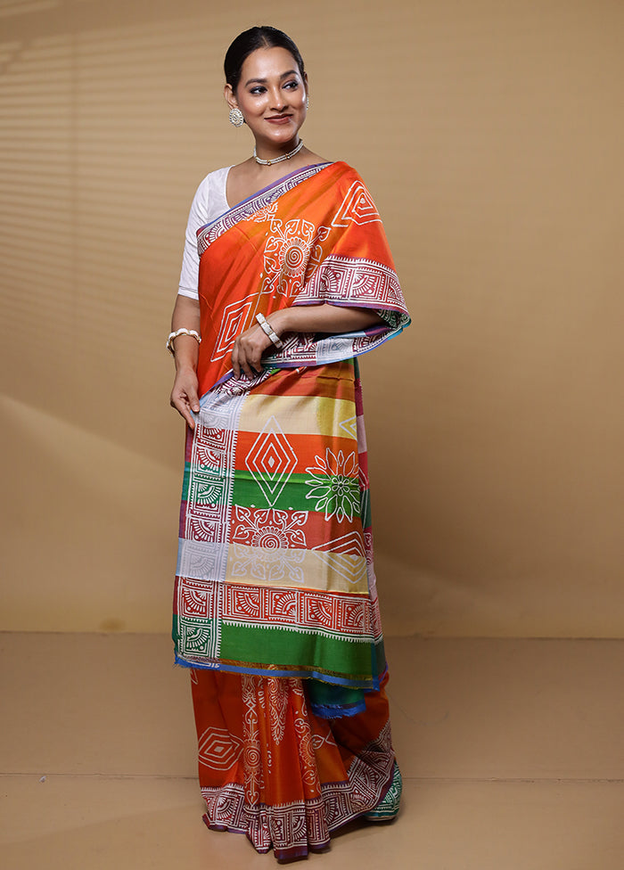 Orange Pure Bishnupuri Silk Saree Without Blouse Piece