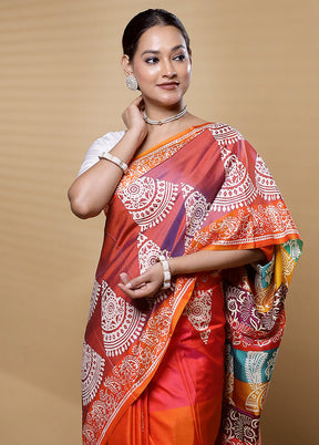 Orange Pure Bishnupuri Silk Saree Without Blouse Piece