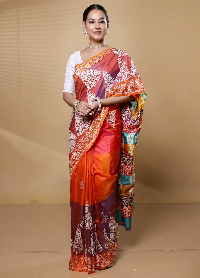 Orange Pure Bishnupuri Silk Saree Without Blouse Piece