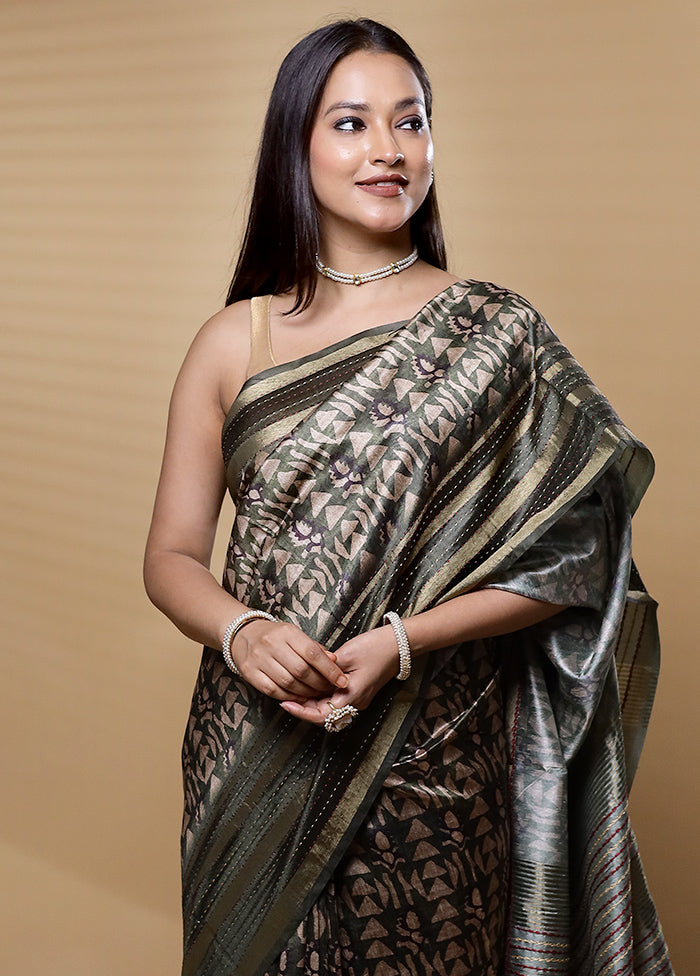 Green Tussar Silk Saree With Blouse Piece