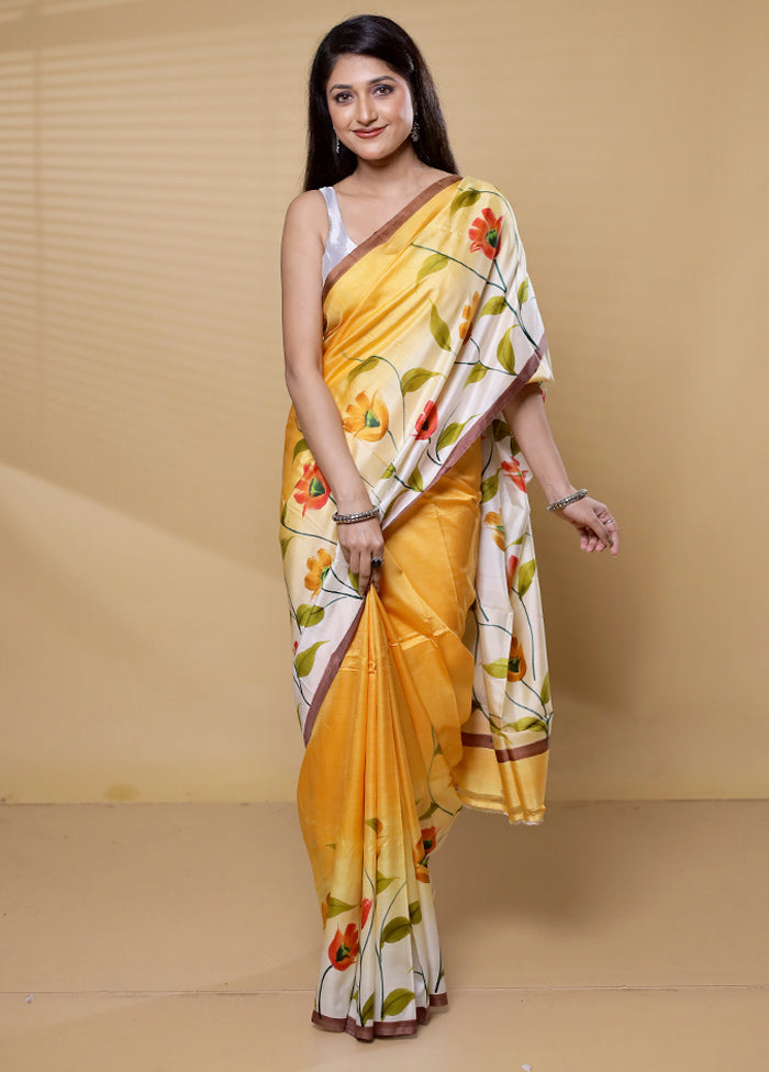 Yellow Printed Pure Silk Saree Without Blouse Piece