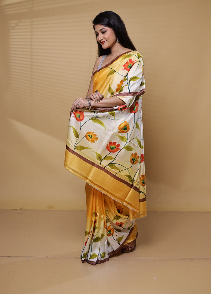 Yellow Printed Pure Silk Saree Without Blouse Piece