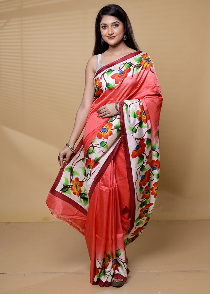 Pink Printed Pure Silk Saree Without Blouse Piece