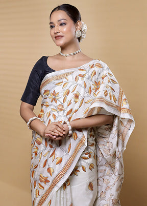 White Kantha Stitch Silk Saree With Blouse Piece