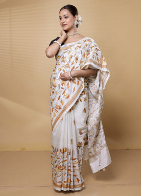 White Kantha Stitch Silk Saree With Blouse Piece