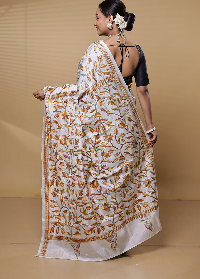 White Kantha Stitch Silk Saree With Blouse Piece