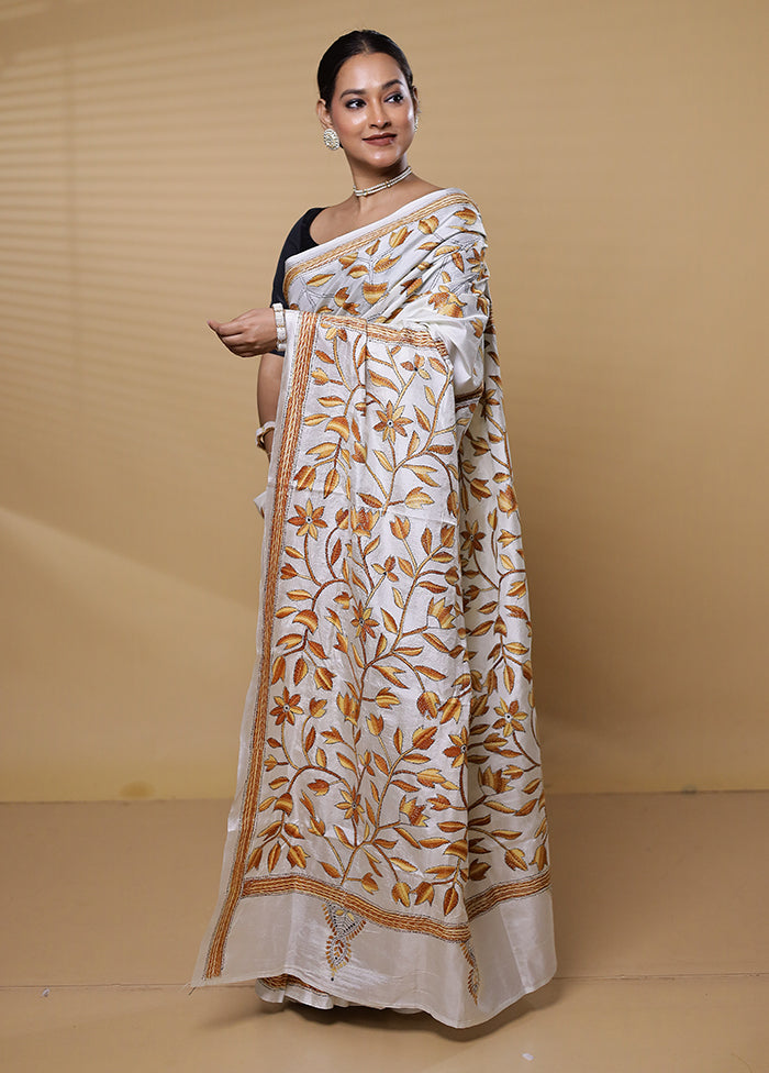 White Kantha Stitch Silk Saree With Blouse Piece