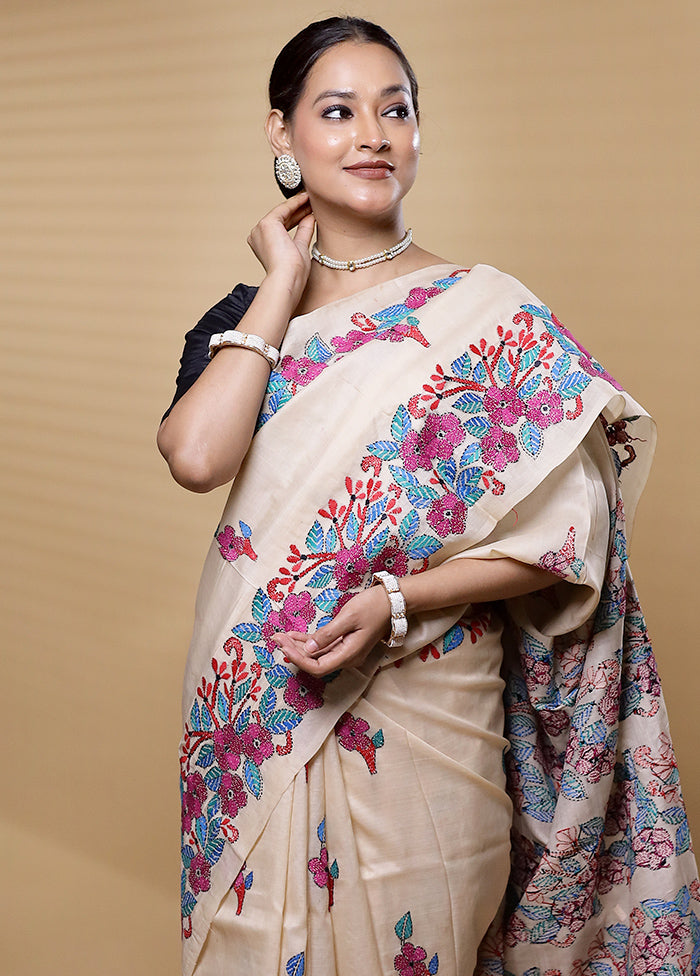 Cream Kantha Stitch Silk Saree With Blouse Piece