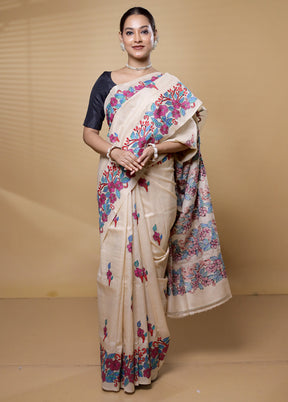 Cream Kantha Stitch Silk Saree With Blouse Piece