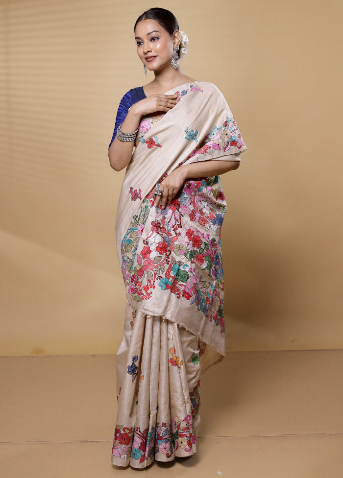 Cream Handloom Kantha Stitch Pure Silk Saree With Blouse Piece