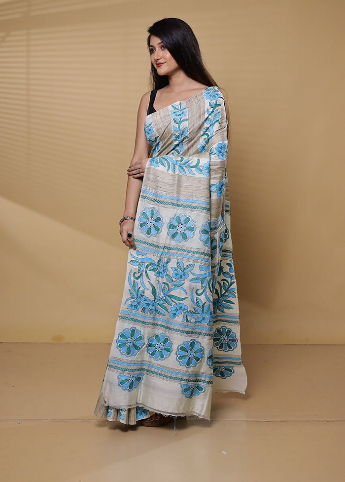 Cream Handloom Kantha Stitch Pure Silk Saree With Blouse Piece