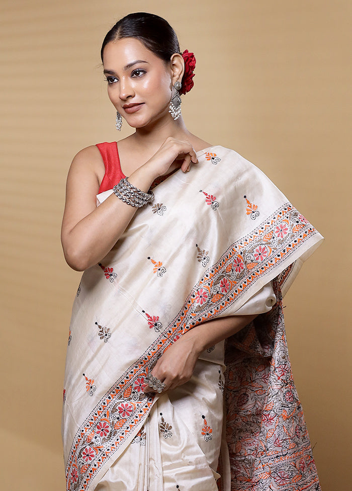 Cream Handloom Kantha Stitch Pure Silk Saree With Blouse Piece