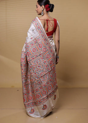 Cream Handloom Kantha Stitch Pure Silk Saree With Blouse Piece