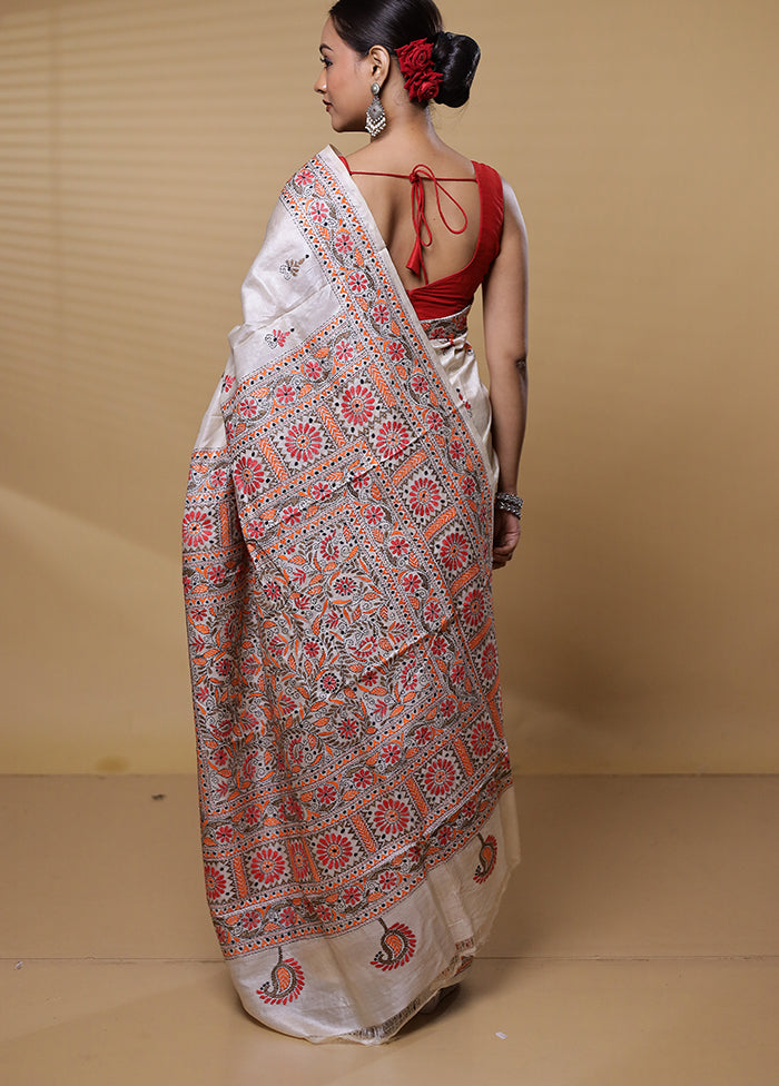 Cream Handloom Kantha Stitch Pure Silk Saree With Blouse Piece