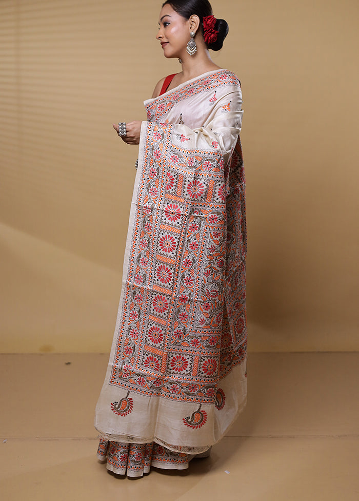 Cream Handloom Kantha Stitch Pure Silk Saree With Blouse Piece