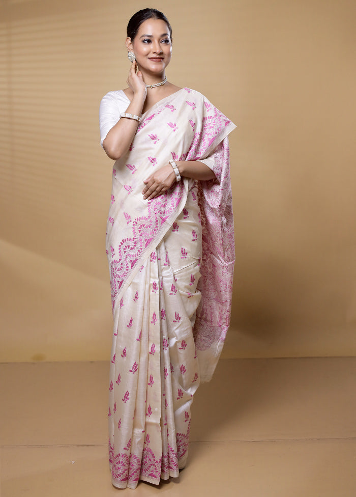 Cream Handloom Kantha Stitch Pure Silk Saree With Blouse Piece