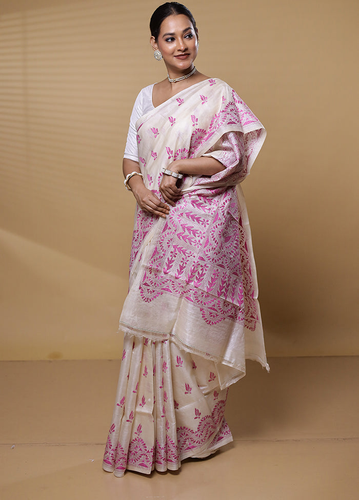 Cream Handloom Kantha Stitch Pure Silk Saree With Blouse Piece