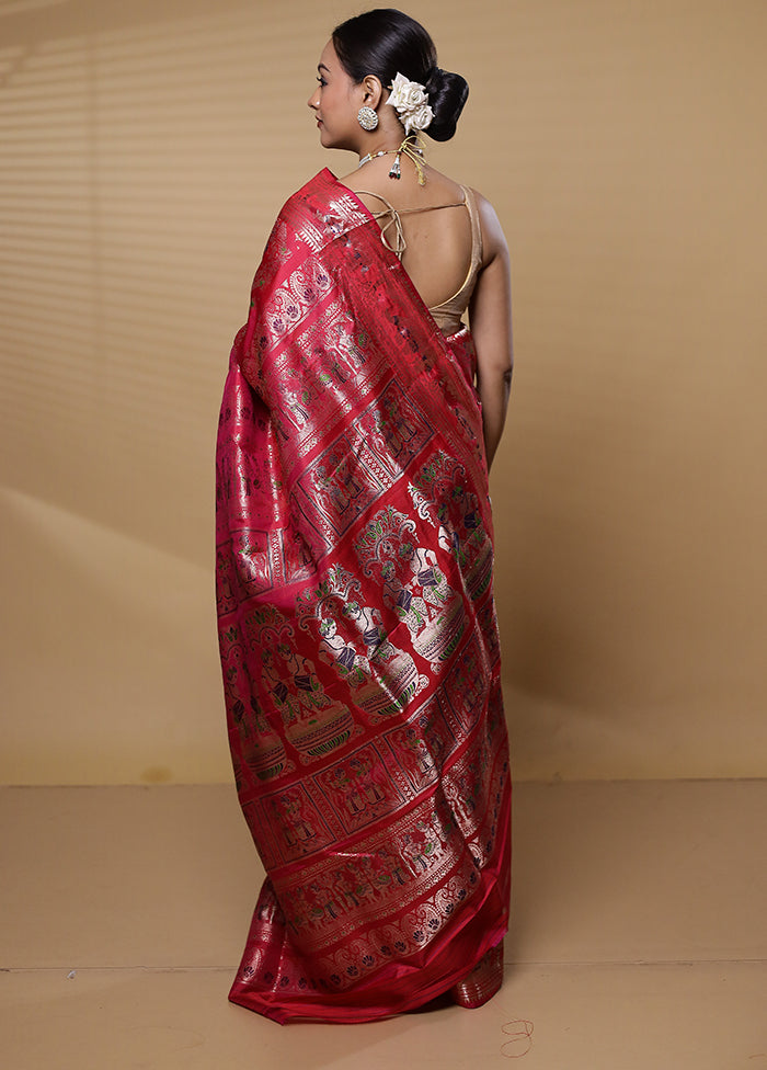 Pink Handloom Baluchari Pure Silk Saree With Blouse Piece