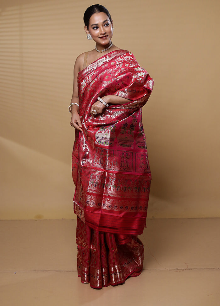 Pink Handloom Baluchari Pure Silk Saree With Blouse Piece