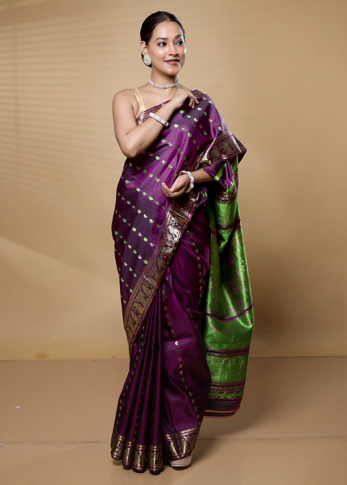 Purple Handloom Baluchari Pure Silk Saree With Blouse Piece