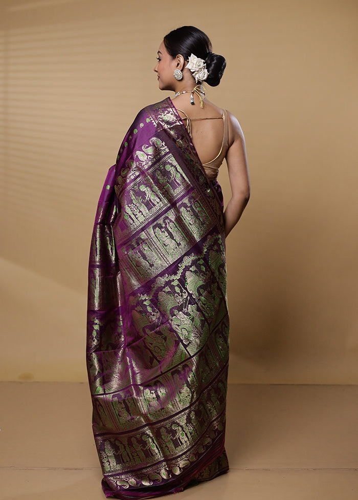 Purple Handloom Baluchari Pure Silk Saree With Blouse Piece