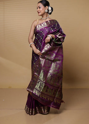 Purple Handloom Baluchari Pure Silk Saree With Blouse Piece