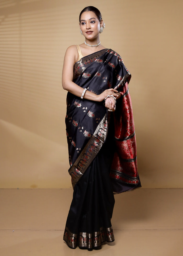 Black Handloom Baluchari Pure Silk Saree With Blouse Piece