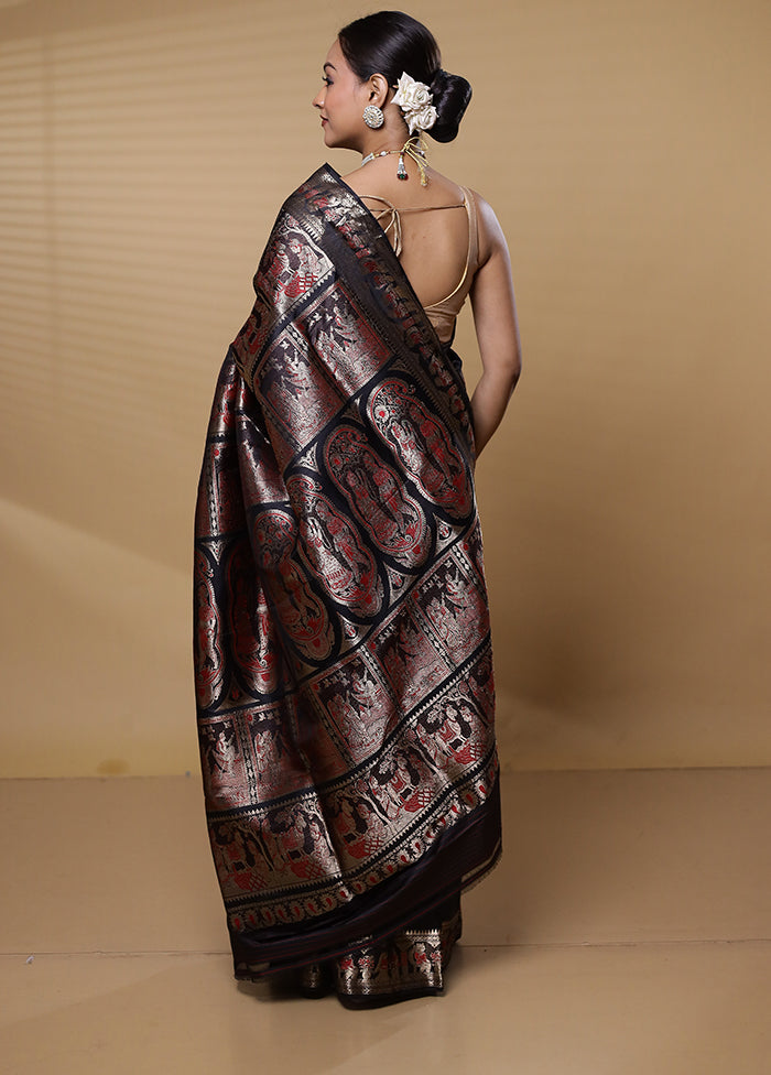 Black Handloom Baluchari Pure Silk Saree With Blouse Piece