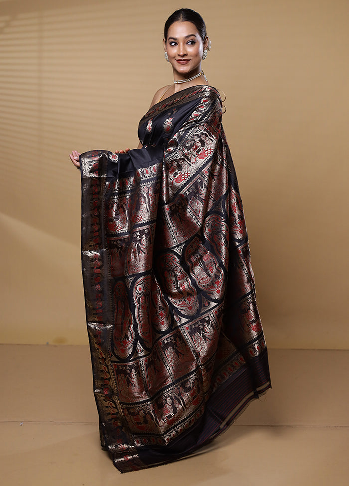 Black Handloom Baluchari Pure Silk Saree With Blouse Piece