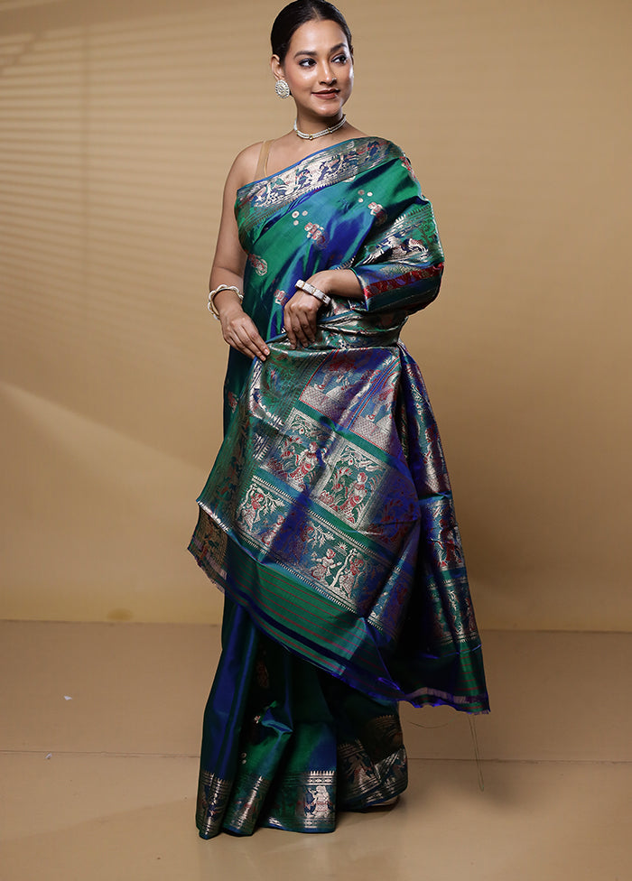 Green Handloom Baluchari Pure Silk Saree With Blouse Piece