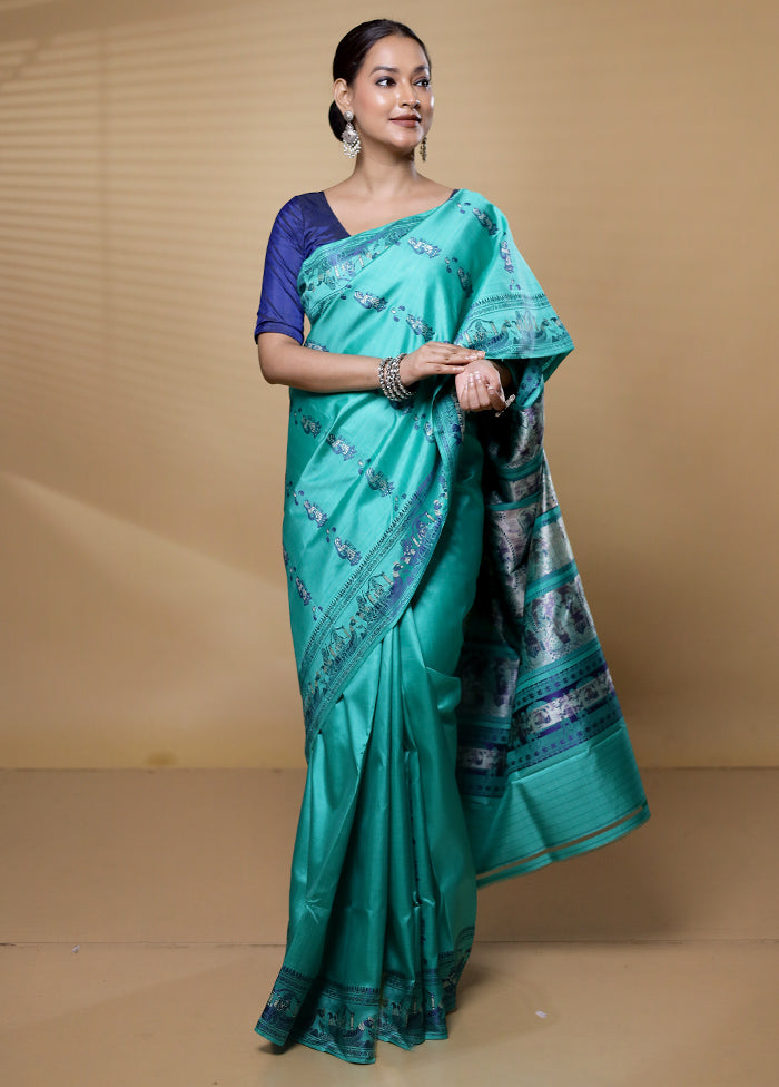 Green Handloom Baluchari Pure Silk Saree With Blouse Piece