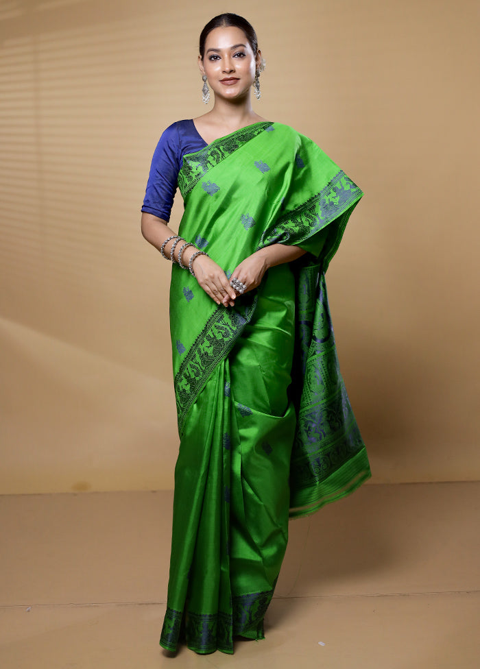 Green Handloom Baluchari Pure Silk Saree With Blouse Piece