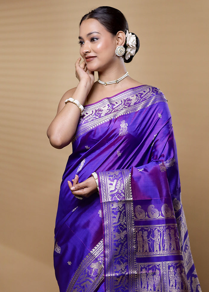 Purple Handloom Baluchari Pure Silk Saree With Blouse Piece