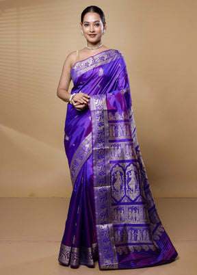 Purple Handloom Baluchari Pure Silk Saree With Blouse Piece