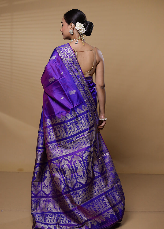 Purple Handloom Baluchari Pure Silk Saree With Blouse Piece