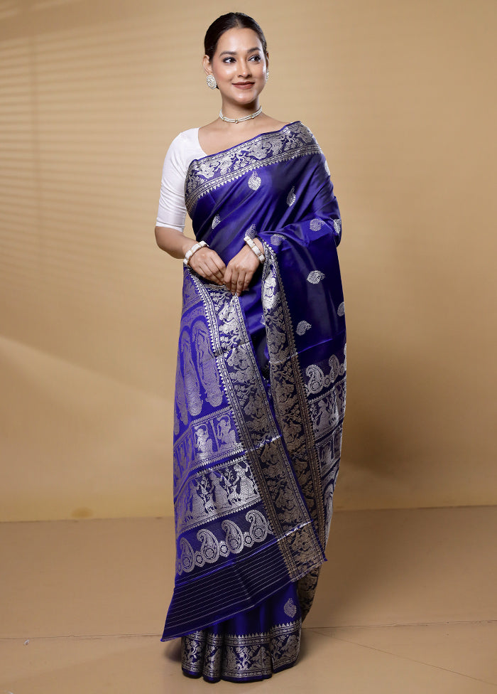 Blue Handloom Baluchari Pure Silk Saree With Blouse Piece