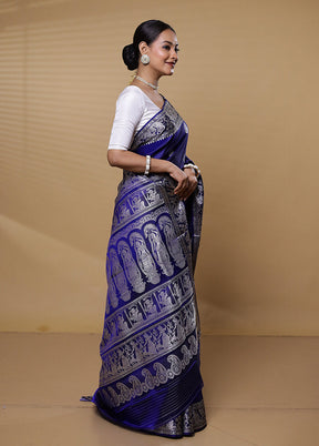 Blue Handloom Baluchari Pure Silk Saree With Blouse Piece