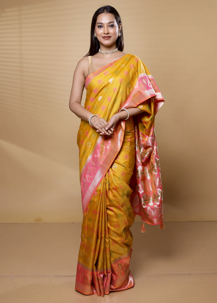 Yellow Dupion Silk Saree With Blouse Piece