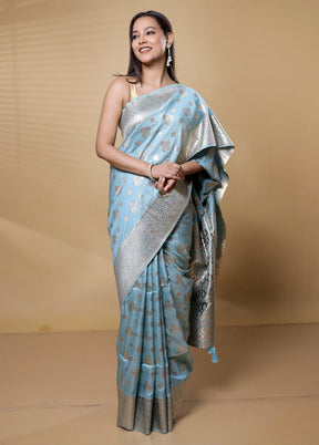 Blue Dupion Silk Saree With Blouse Piece