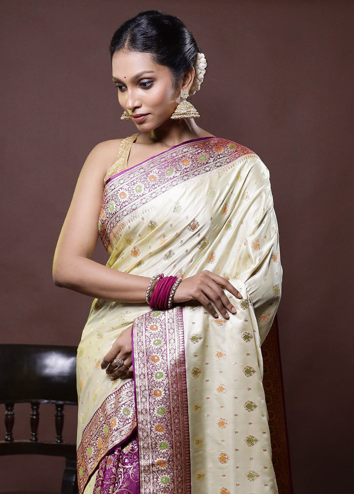 Cream Banarasi Silk Saree With Blouse Piece