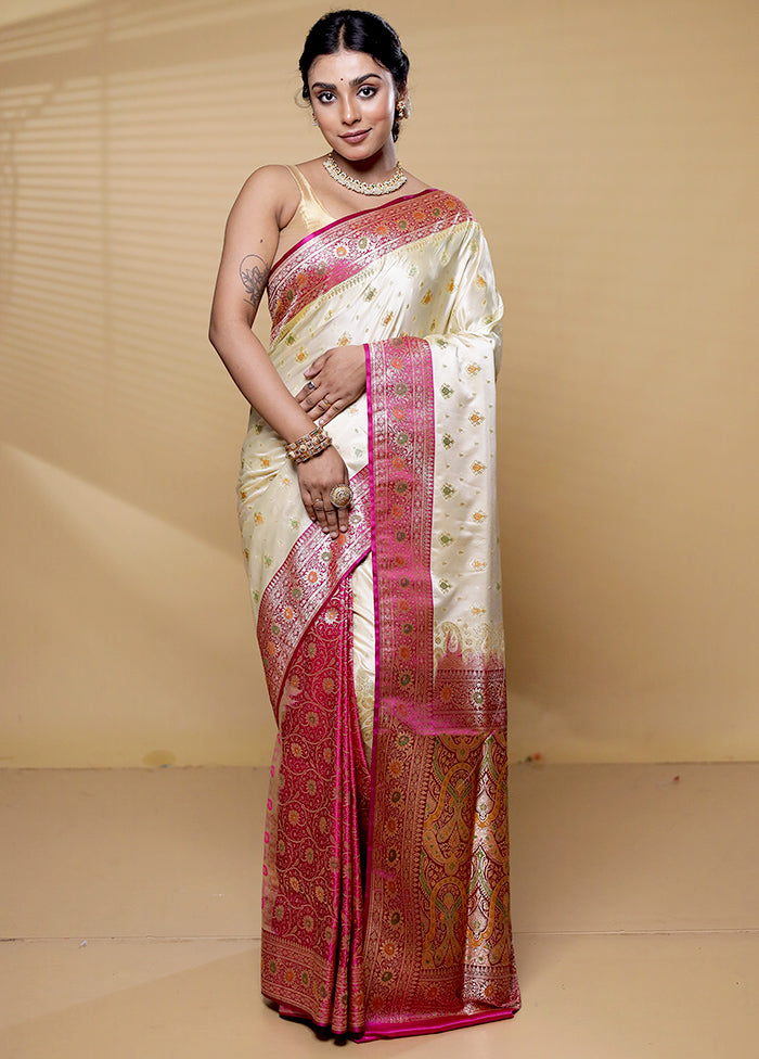 Cream Banarasi Silk Saree With Blouse Piece