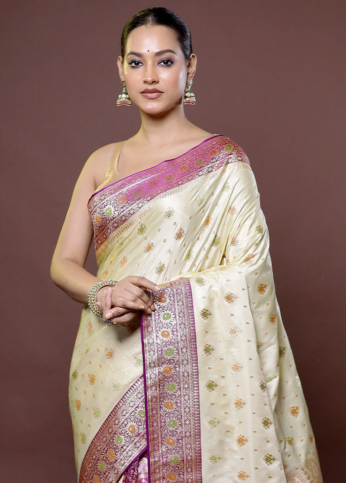 Cream Banarasi Silk Saree With Blouse Piece