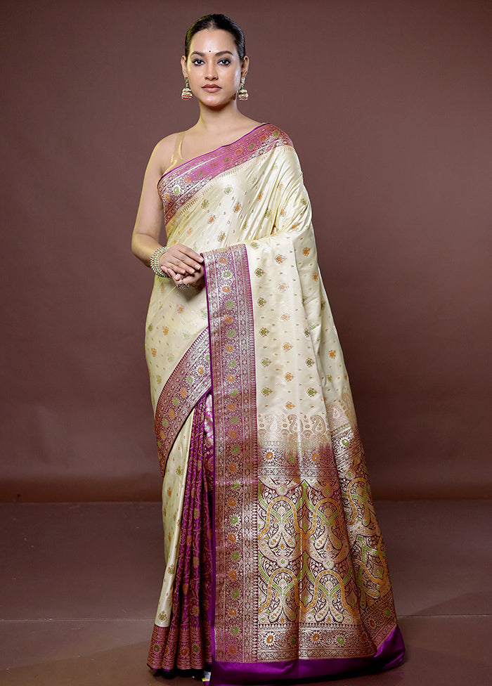 Cream Banarasi Silk Saree With Blouse Piece