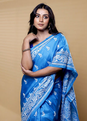 Blue Handloom Kantha Stitch Pure Silk Saree With Blouse Piece