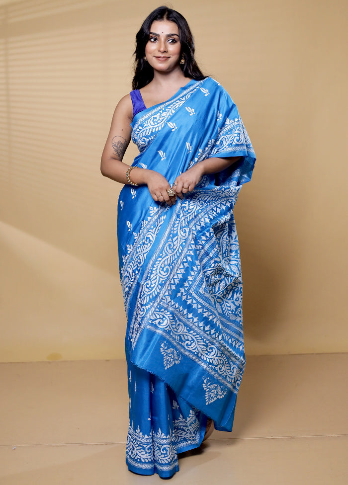 Blue Handloom Kantha Stitch Pure Silk Saree With Blouse Piece