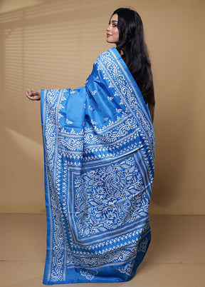 Blue Handloom Kantha Stitch Pure Silk Saree With Blouse Piece