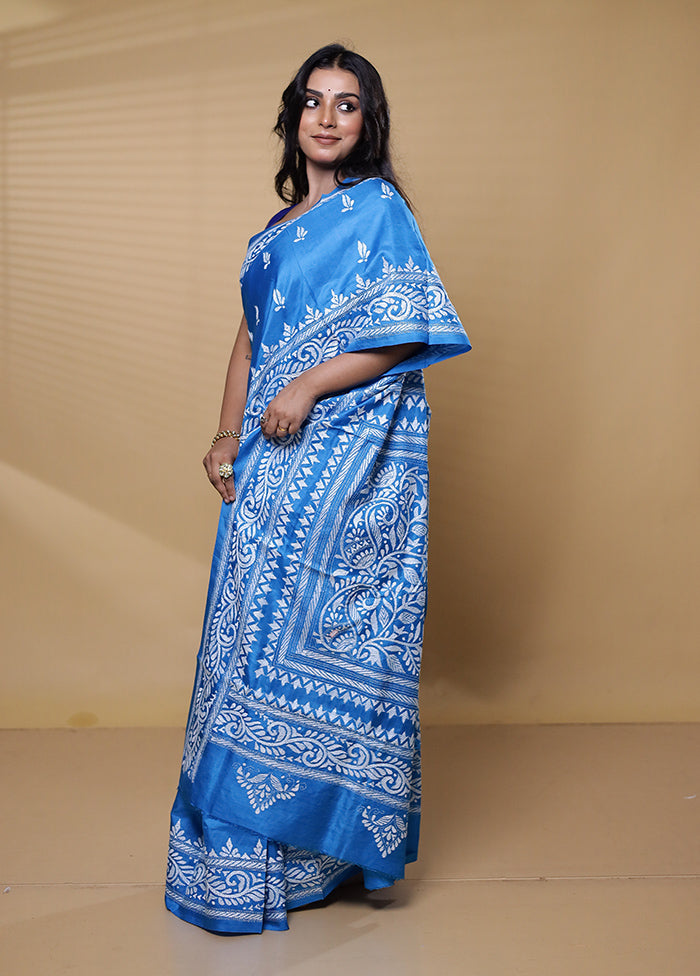 Blue Handloom Kantha Stitch Pure Silk Saree With Blouse Piece