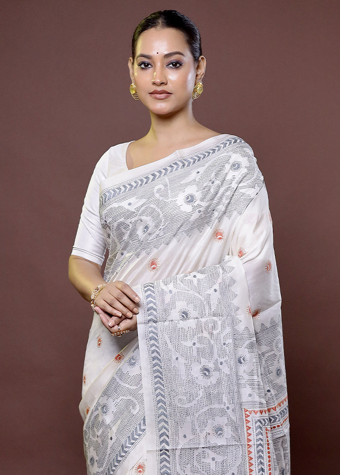 White Handloom Kantha Stitch Pure Silk Saree With Blouse Piece