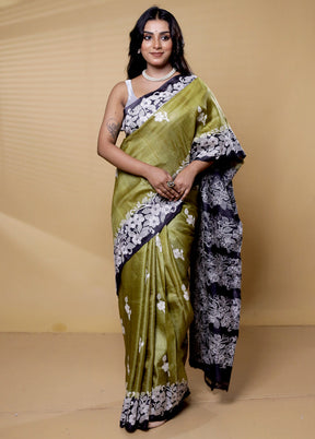 Black Handloom Kantha Stitch Pure Silk Saree With Blouse Piece